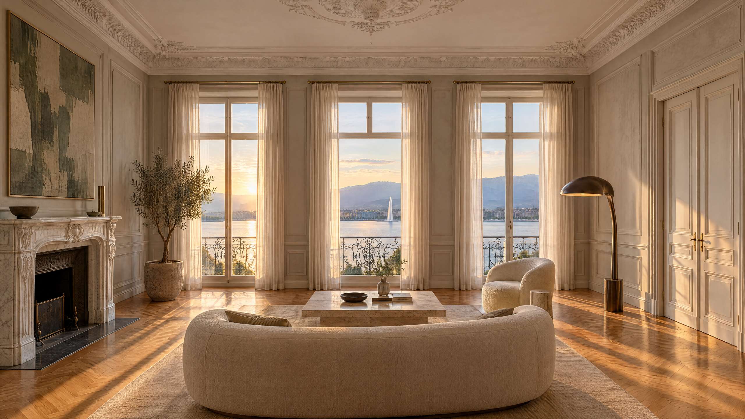 Salon d’un appartement genevois après rénovation : moulures restaurées, parquet en point de Hongrie, vue sur le lac et le Jet d’eau