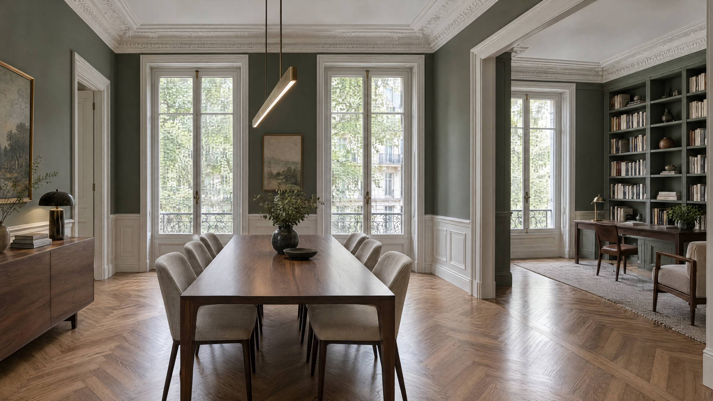 La même salle à manger après rénovation : murs vert-de-gris, boiseries blanches, corniches restaurées