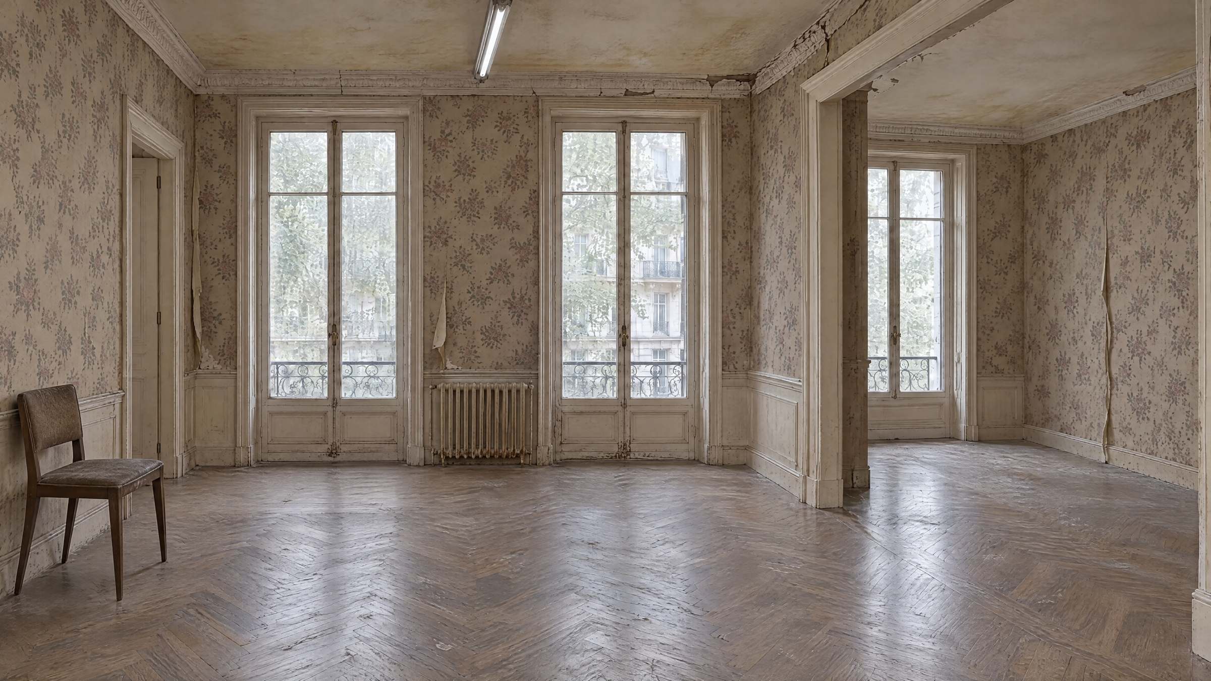 Salle à manger d’un appartement ancien avant travaux : papier peint défraîchi, corniche abîmée, néon au plafond